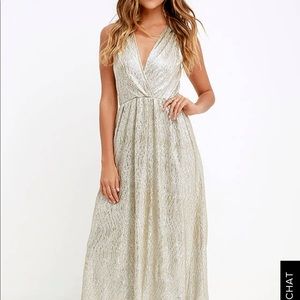 Lulu’s Shimmering Gold Maxi V Plunge Dress